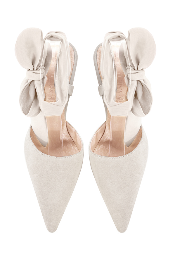 Off white women's open back shoes, with an ankle scarf. Pointed toe. Very high slim heel. Top view - Florence KOOIJMAN